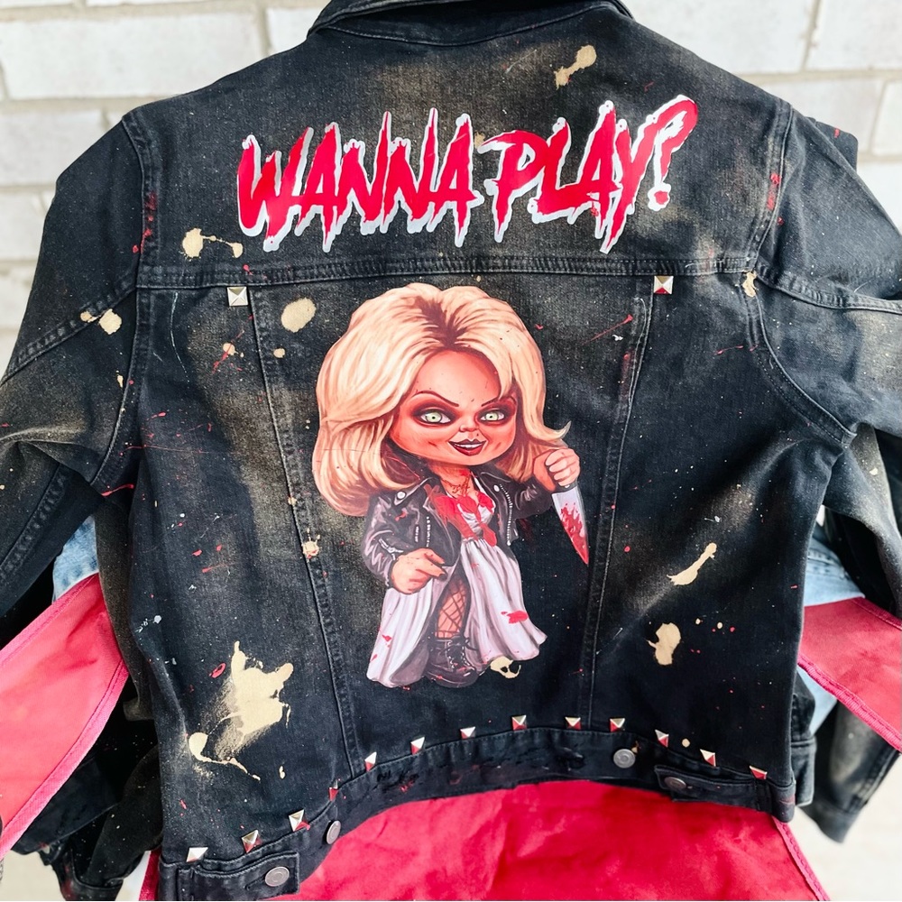 Custom made black denim jacket (women’s Large) brand new